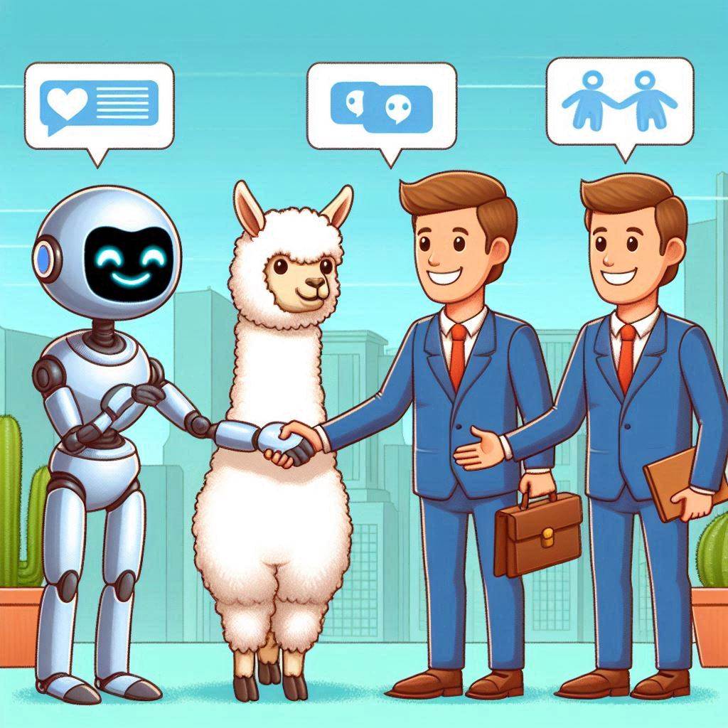 卡通風格，一個聊天機器人同時握手 Alpaca  跟 大企業穿著西裝的上班族 。三個人一起握手